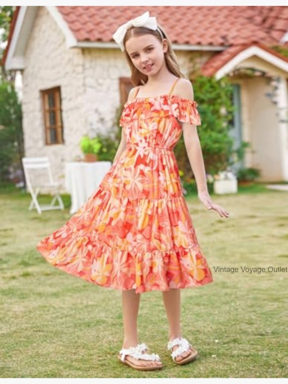 Girls Off Shoulder Floral Tiered Midi Sundress Ruffle Spaghetti Strap - Picture 4 of 7